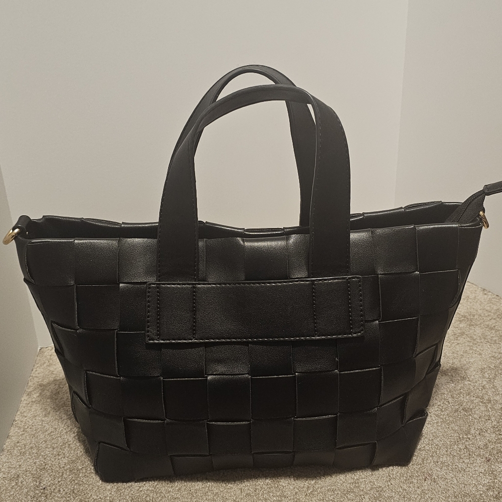 Antik Kraft Basket Weave Black Handbag Purse Dbl Top Handle Alot Of Pockets‎